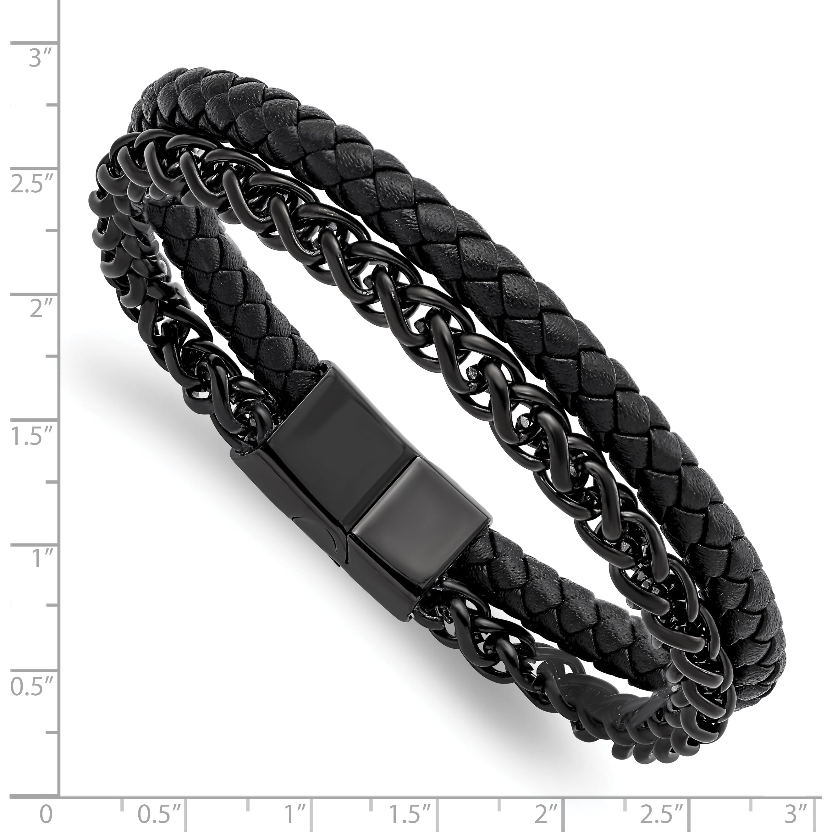 Chisel Stainless Steel Polished Black IP-plated Chain and Black Leather 8.5 inch Bracelet
