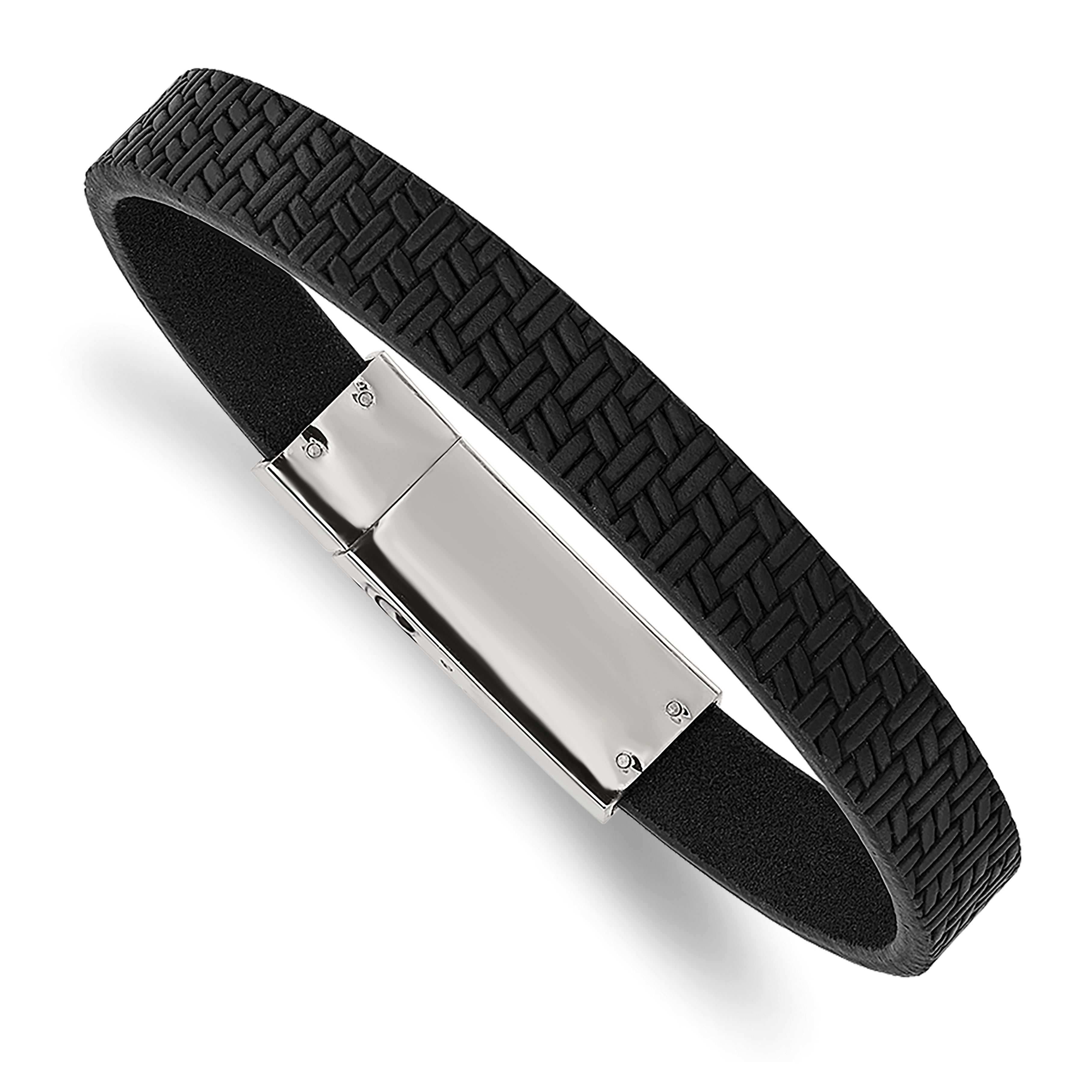Chisel Stainless Steel Polished Textured Black Leather 8.5 inch Bracelet