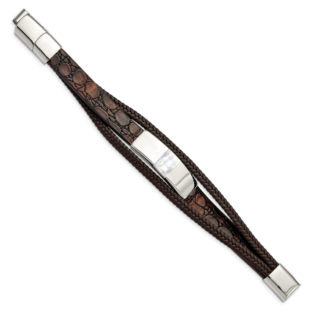 Shell Pearl Multi-Strand Leather Bracelet in Stainless Steel