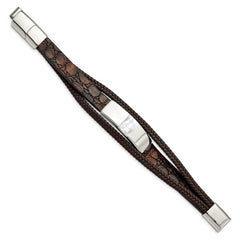 Chisel Stainless Steel Polished with Shell Pearl Multi Strand Brown Leather 8 inch Bracelet with .5 inch Extension