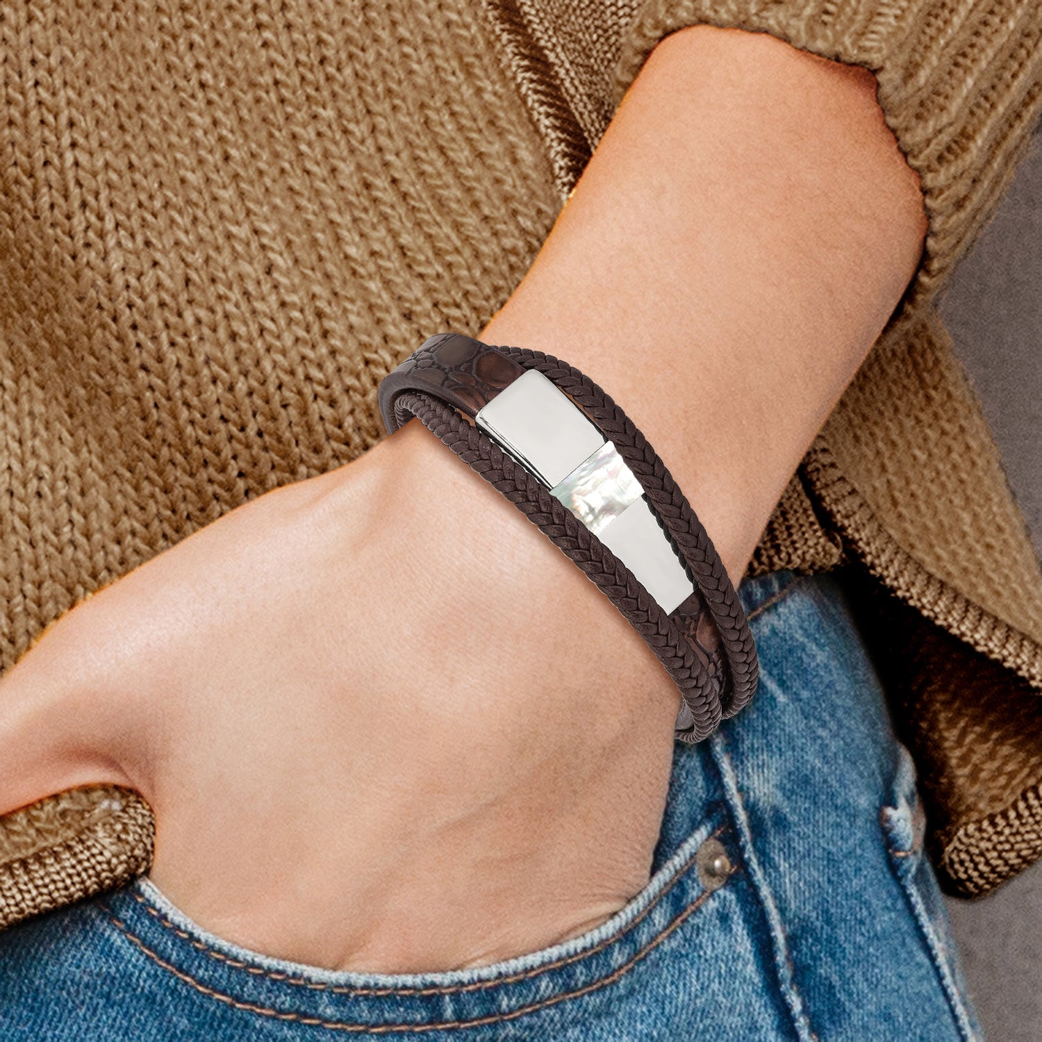 Shell Pearl Multi-Strand Leather Bracelet in Stainless Steel