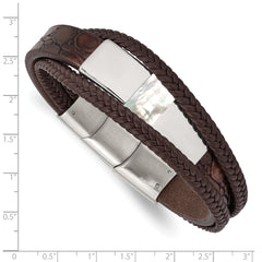 Chisel Stainless Steel Polished with Shell Pearl Multi Strand Brown Leather 8 inch Bracelet with .5 inch Extension