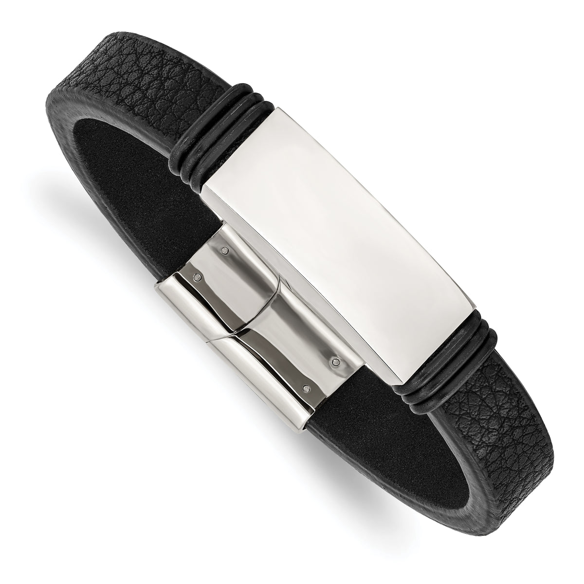 Chisel Stainless Steel Polished Black Leather with Black Rubber 8.5 inch ID Bracelet