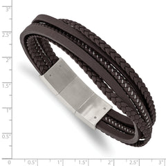 Chisel Stainless Steel Brushed Multi Strand Brown Braided Leather and Wire 8.25 inch Bracelet with .5 inch Extension