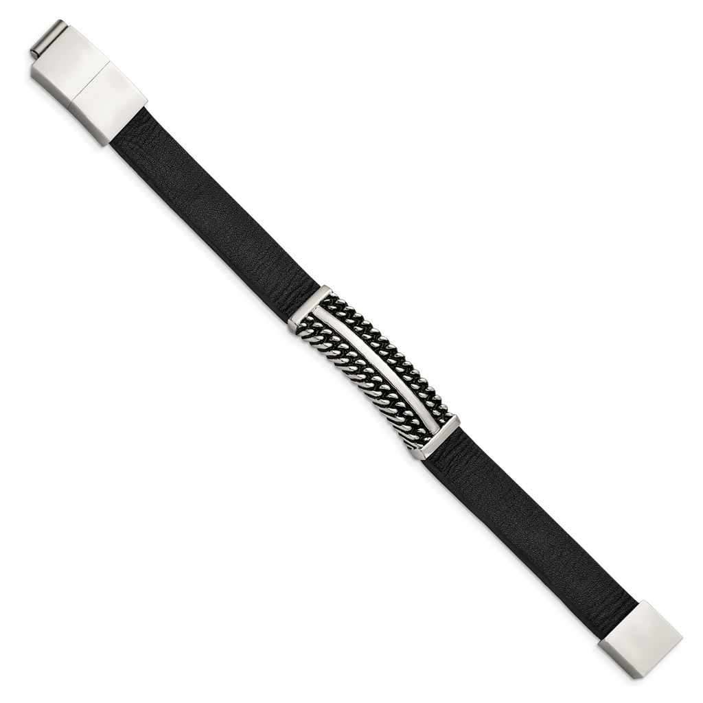 Antiqued Black Leather Bracelet in Stainless Steel