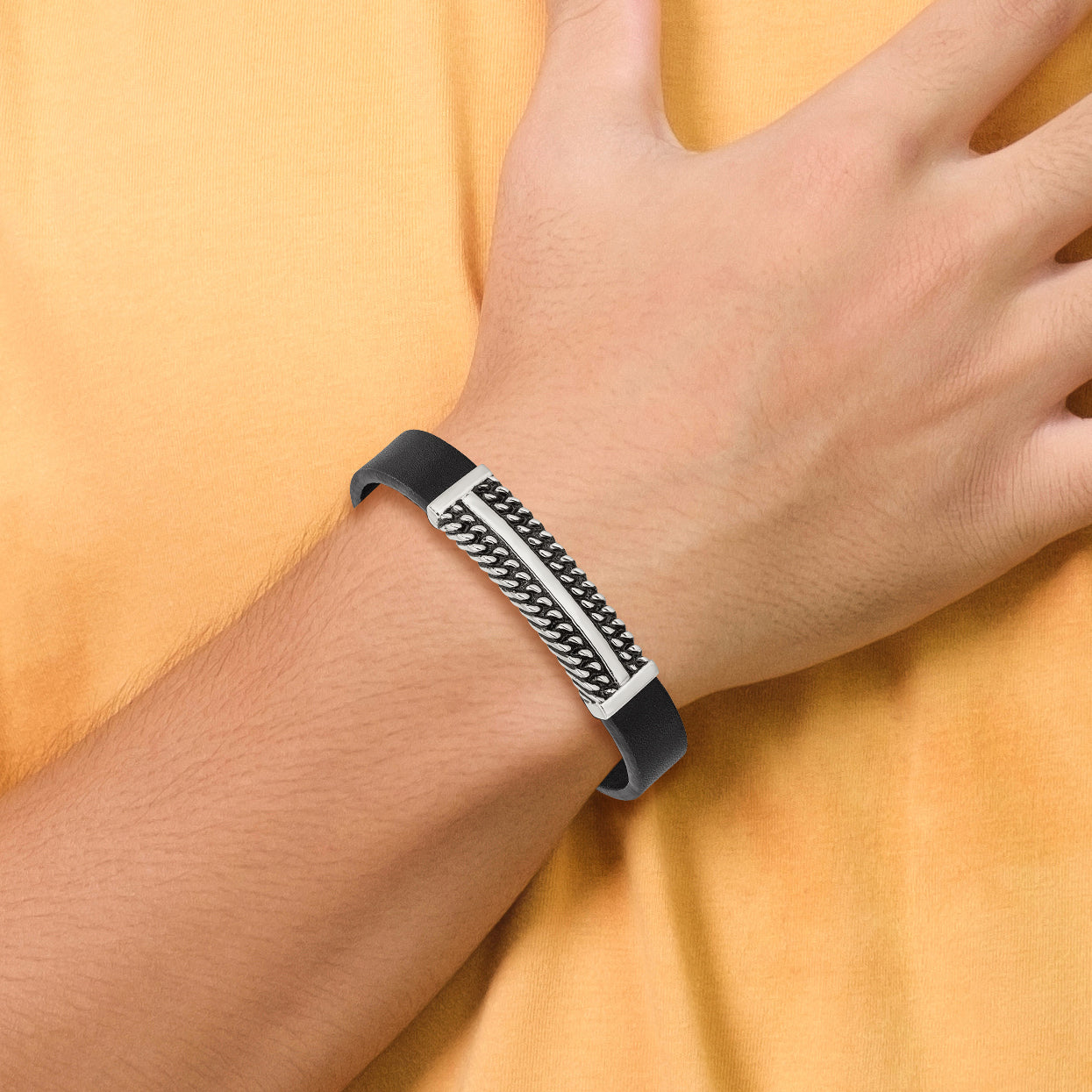 Antiqued Black Leather Bracelet in Stainless Steel