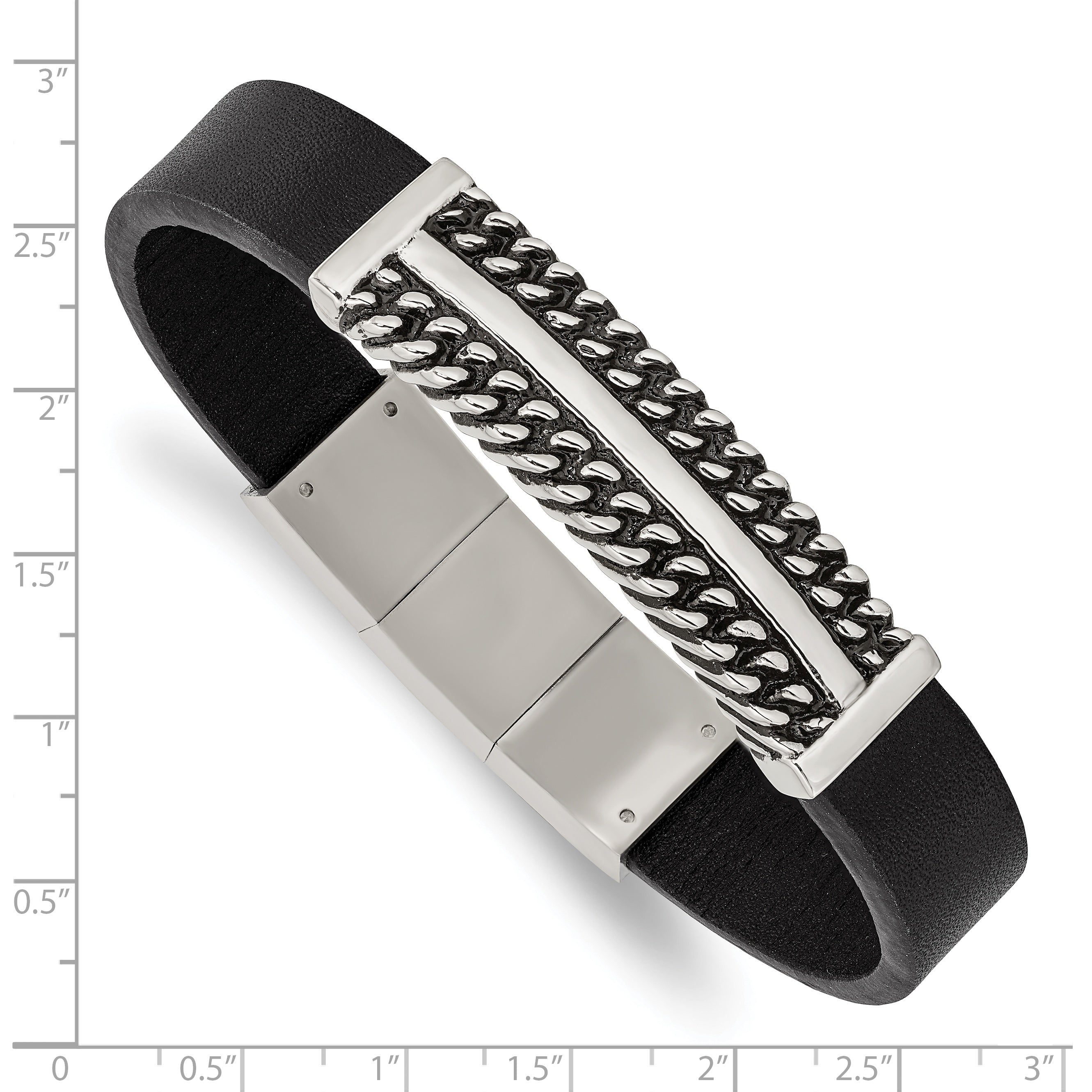 Antiqued Black Leather Bracelet in Stainless Steel