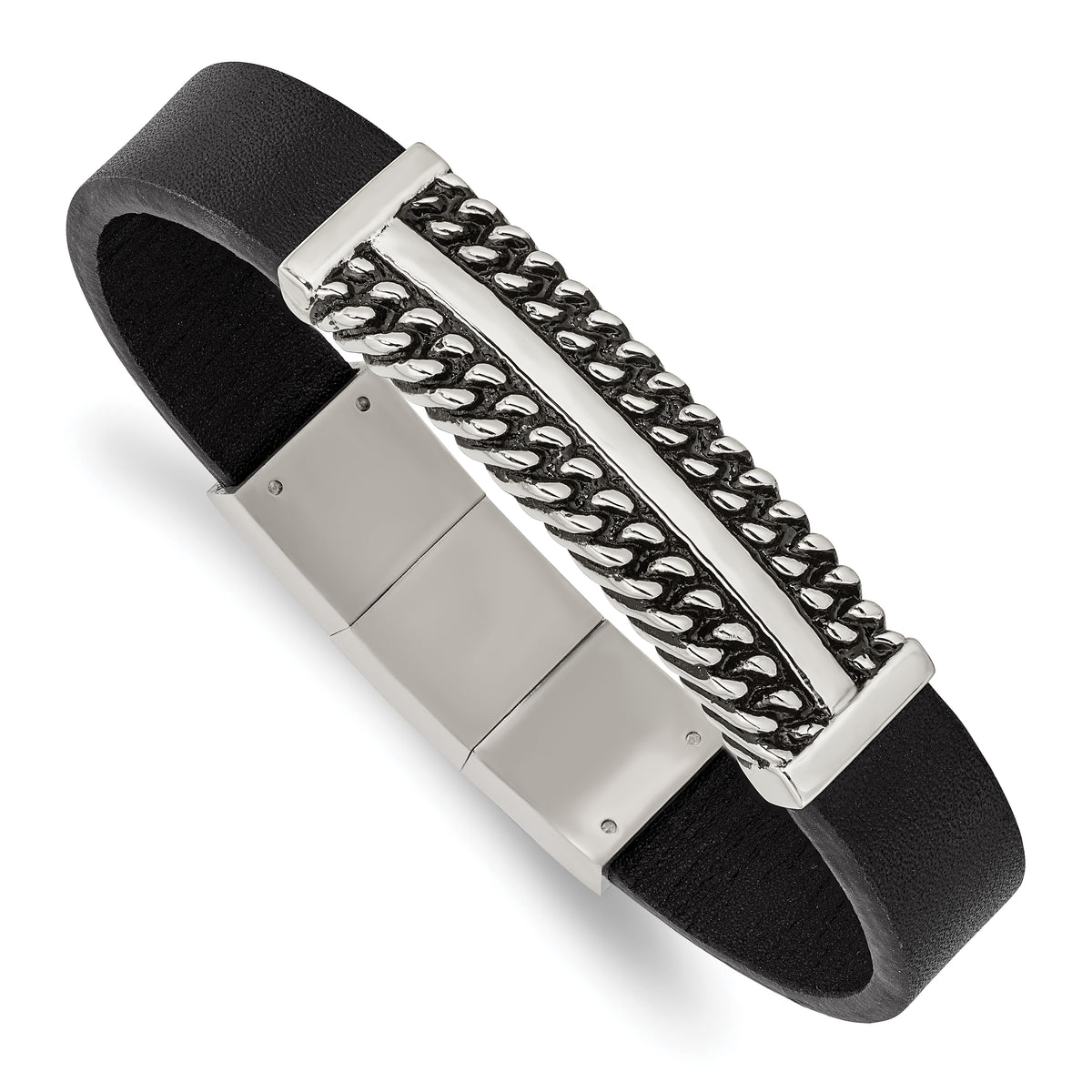 Chisel Stainless Steel Antiqued and Polished Black Leather 8 inch with .5 inch extension Bracelet