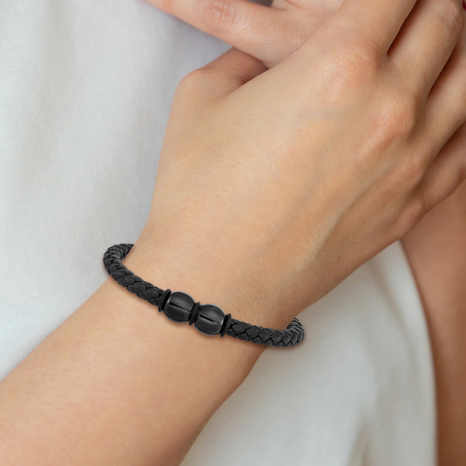 Chisel Stainless Steel Polished Black IP-plated Braided Black Leather and Rubber 8.25 inch Bracelet