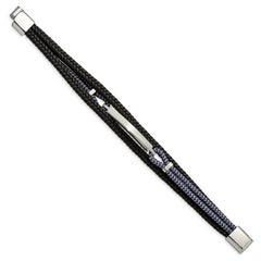 Chisel Stainless Steel Polished Multi Strand Black Leather and Black and Grey Cotton 8.25 inch ID Bracelet