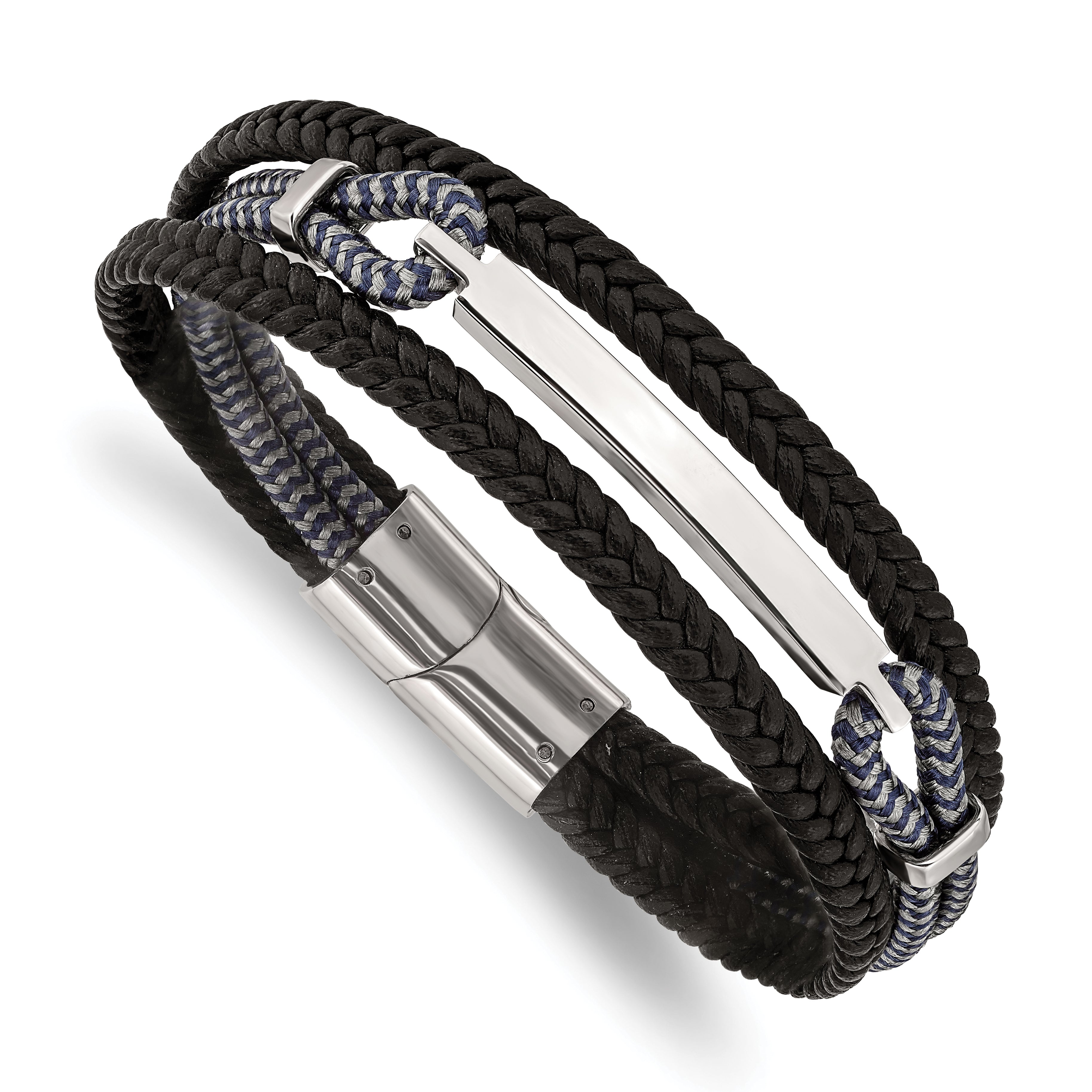 Chisel Stainless Steel Polished Multi Strand Black Leather and Black and Grey Cotton 8.25 inch ID Bracelet