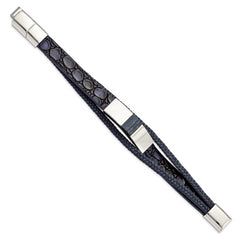 Chisel Stainless Steel Polished Blue Wood Multi Strand Blue Leather 8 inch Bracelet with .5 inch Extension