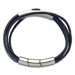 Chisel Stainless Steel Polished Blue Wood Multi Strand Blue Leather 8 inch Bracelet with .5 inch Extension