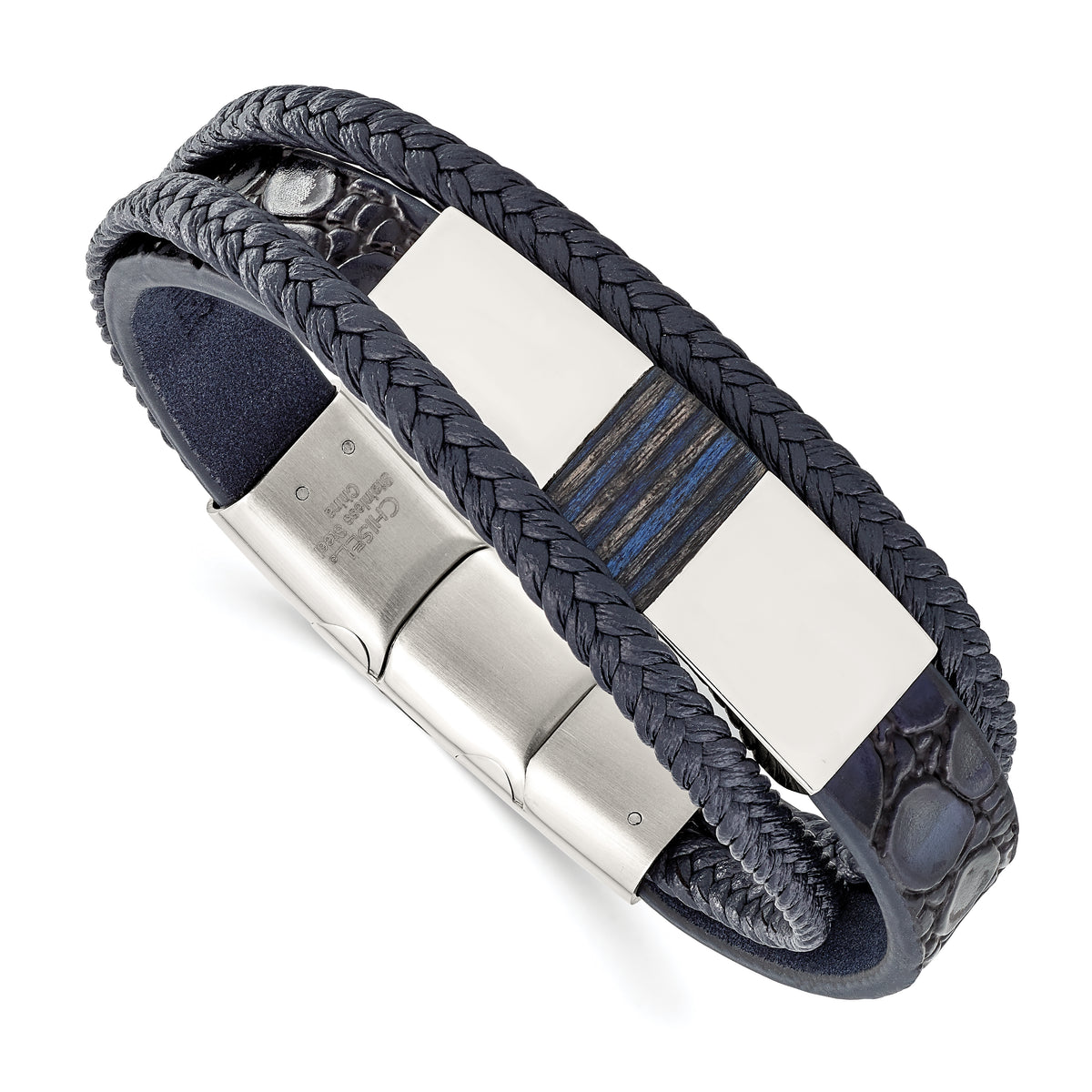 Chisel Stainless Steel Polished Blue Wood Multi Strand Blue Leather 8 inch Bracelet with .5 inch Extension