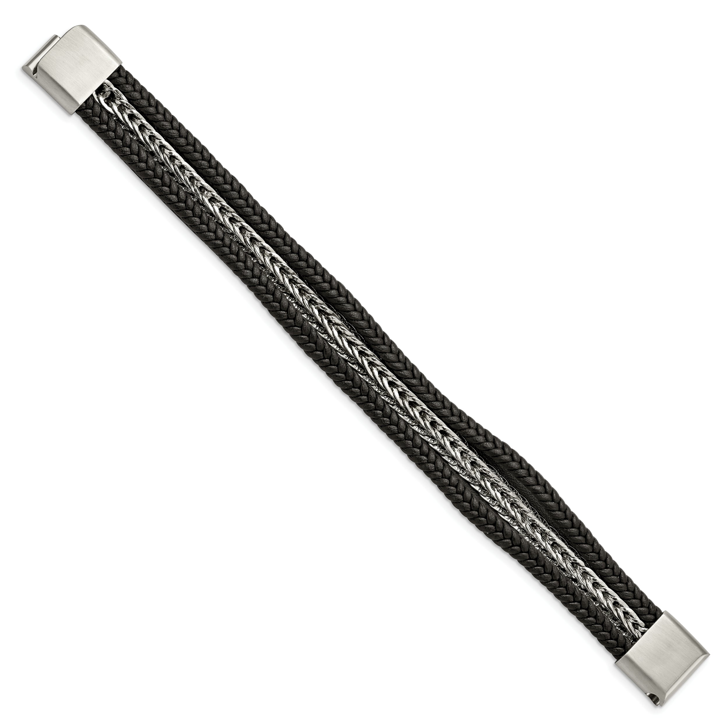 Chisel Stainless Steel Polished Multi Strand Black Leather 8.5 inch Bracelet