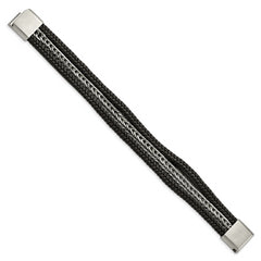 Chisel Stainless Steel Polished Multi Strand Black Leather 8.5 inch Bracelet