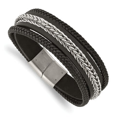 Chisel Stainless Steel Polished Multi Strand Black Leather 8.5 inch Bracelet