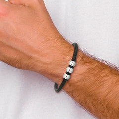 Stainless Steel Polished Black IP with Rubber Black Leather 8.5in Bracelet