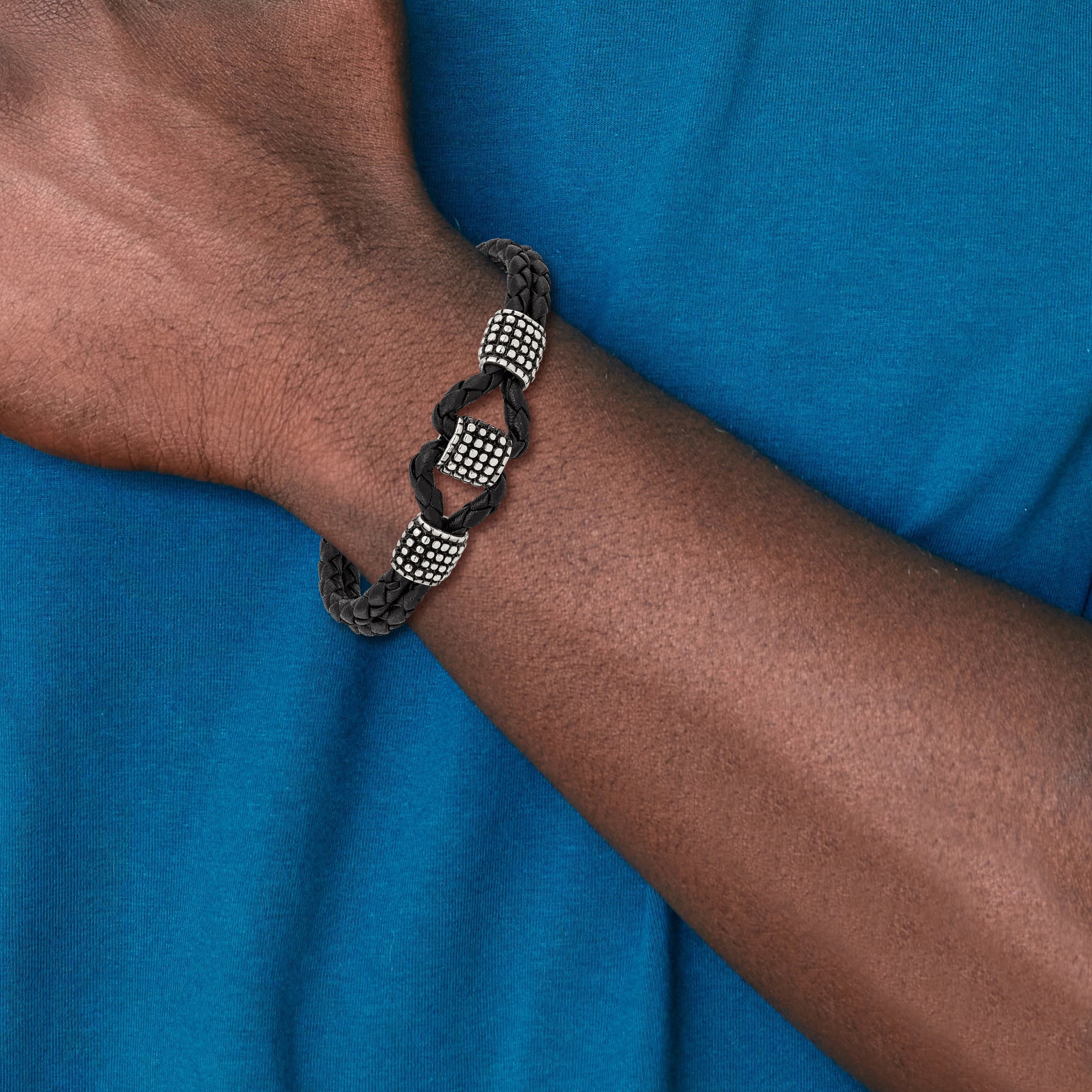 Stainless Steel Antiqued & Polished Black Leather 8in w/.5in ext Bracelet