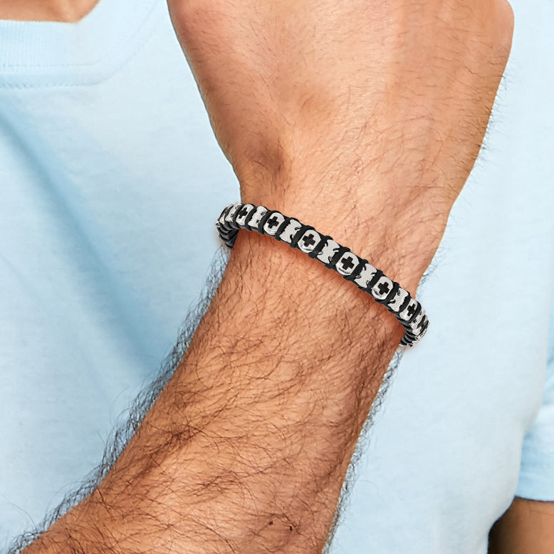 Crosses Leather Bracelet in Stainless Steel