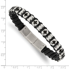 Chisel Stainless Steel Polished Crosses Black Leather 8 inch with .5 inch extension Bracelet