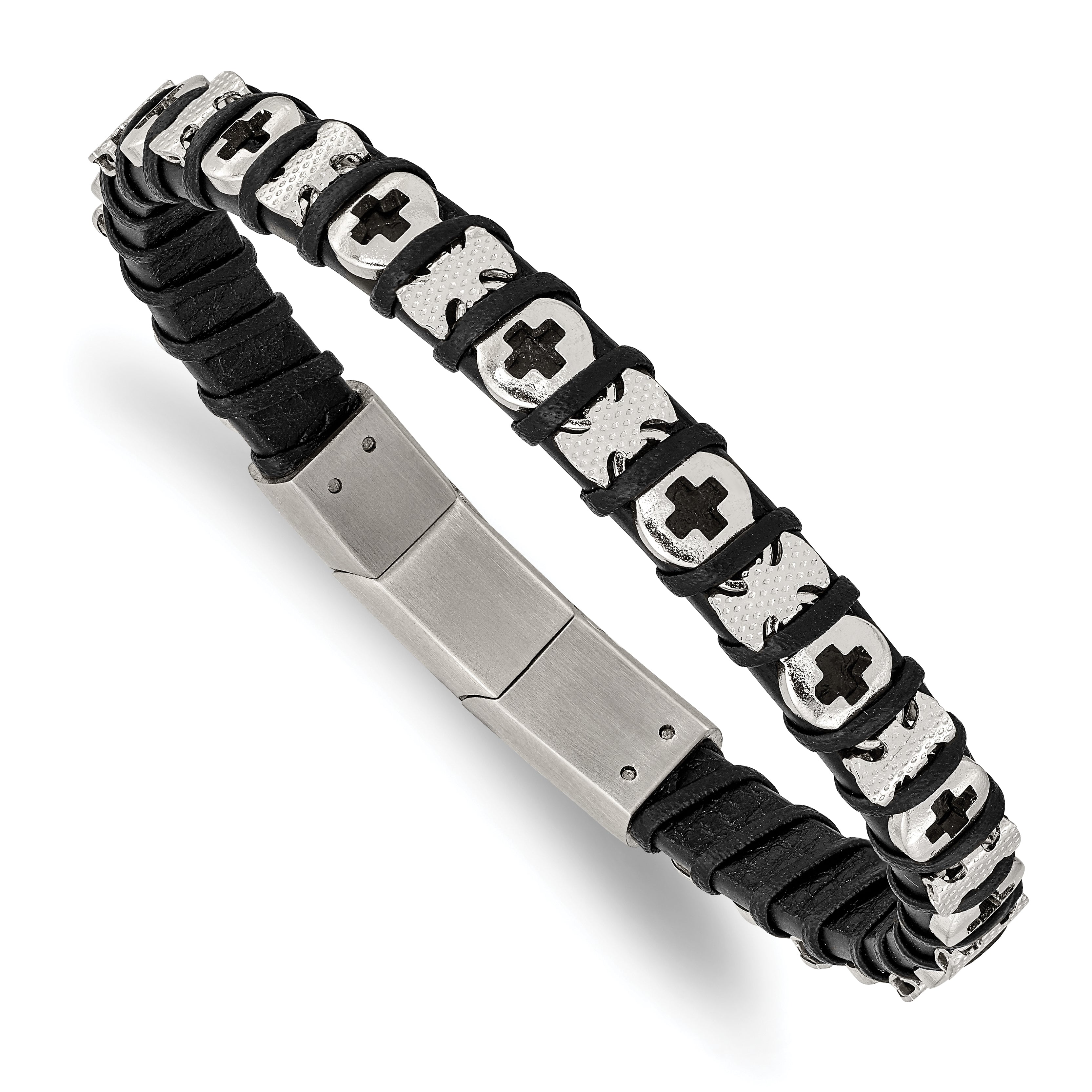 Chisel Stainless Steel Polished Crosses Black Leather 8 inch with .5 inch extension Bracelet Main image