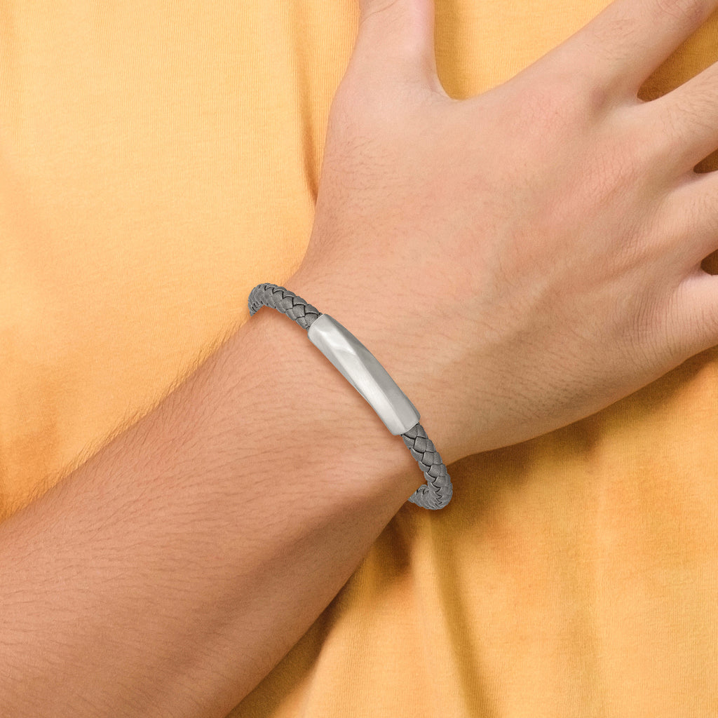 Antiqued Grey Leather Bracelet in Stainless Steel