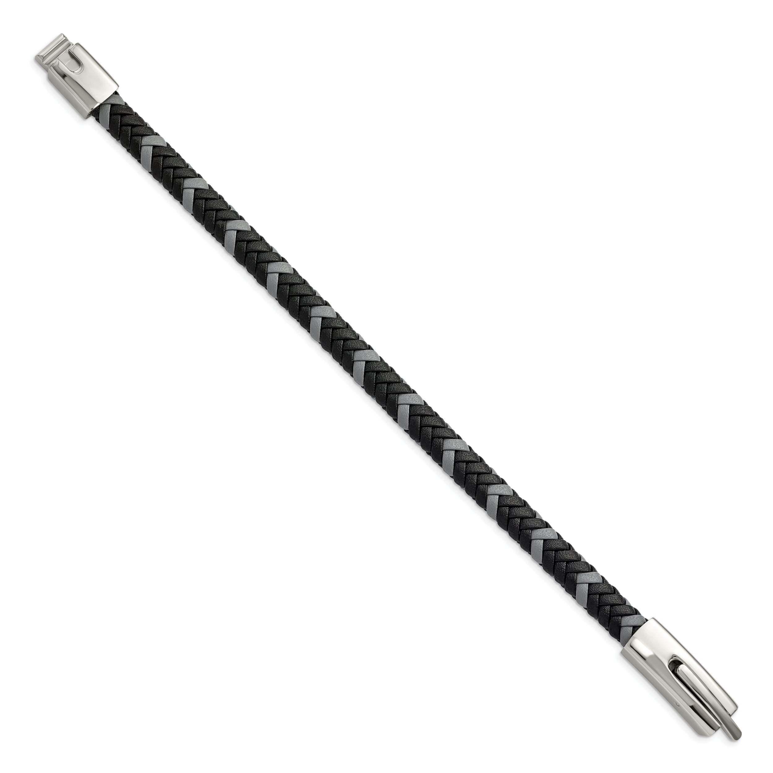 Chisel Stainless Steel Polished Black and Grey Braided Leather 8 inch Bracelet