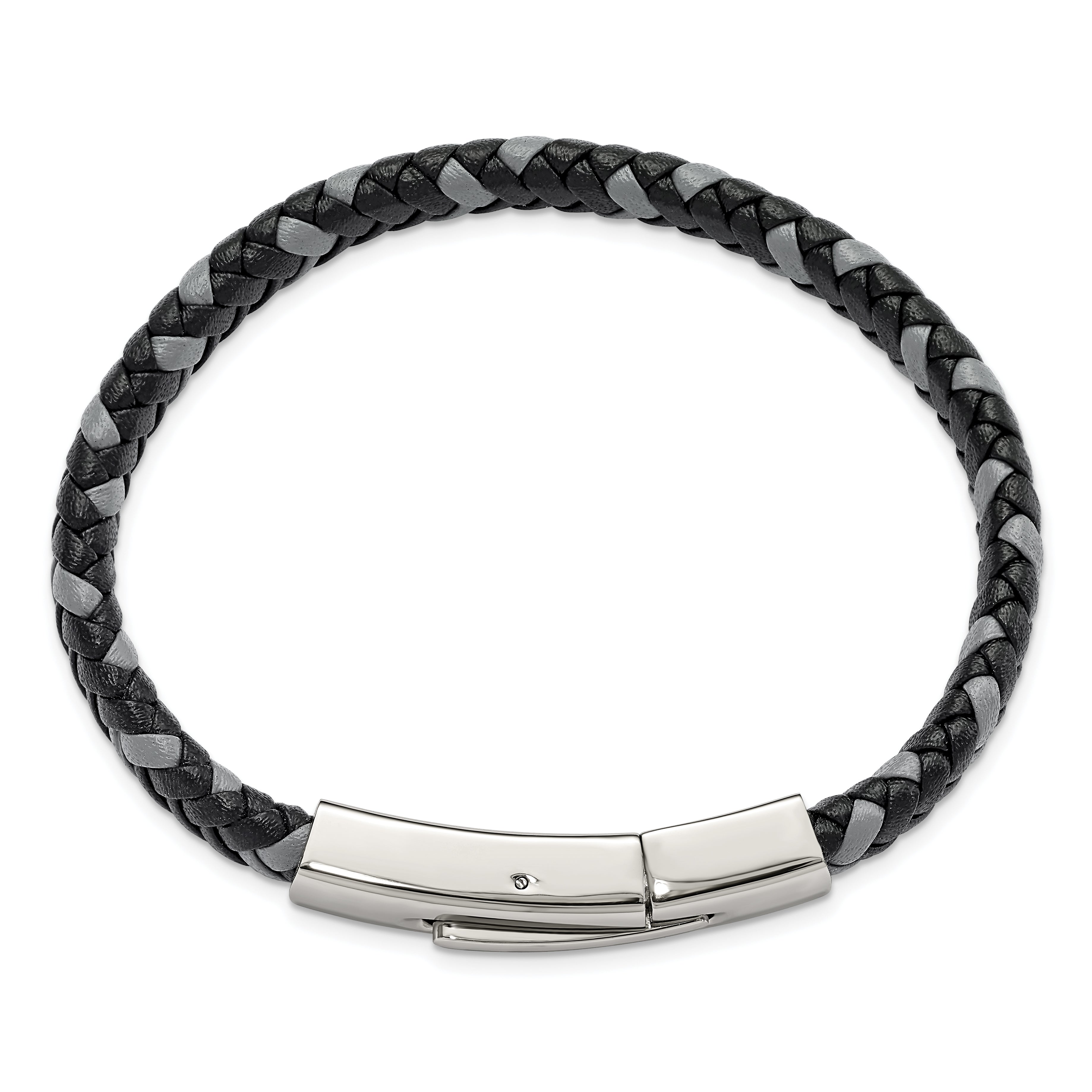 Chisel Stainless Steel Polished Black and Grey Braided Leather 8 inch Bracelet