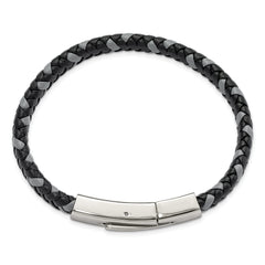 Chisel Stainless Steel Polished Black and Grey Braided Leather 8 inch Bracelet