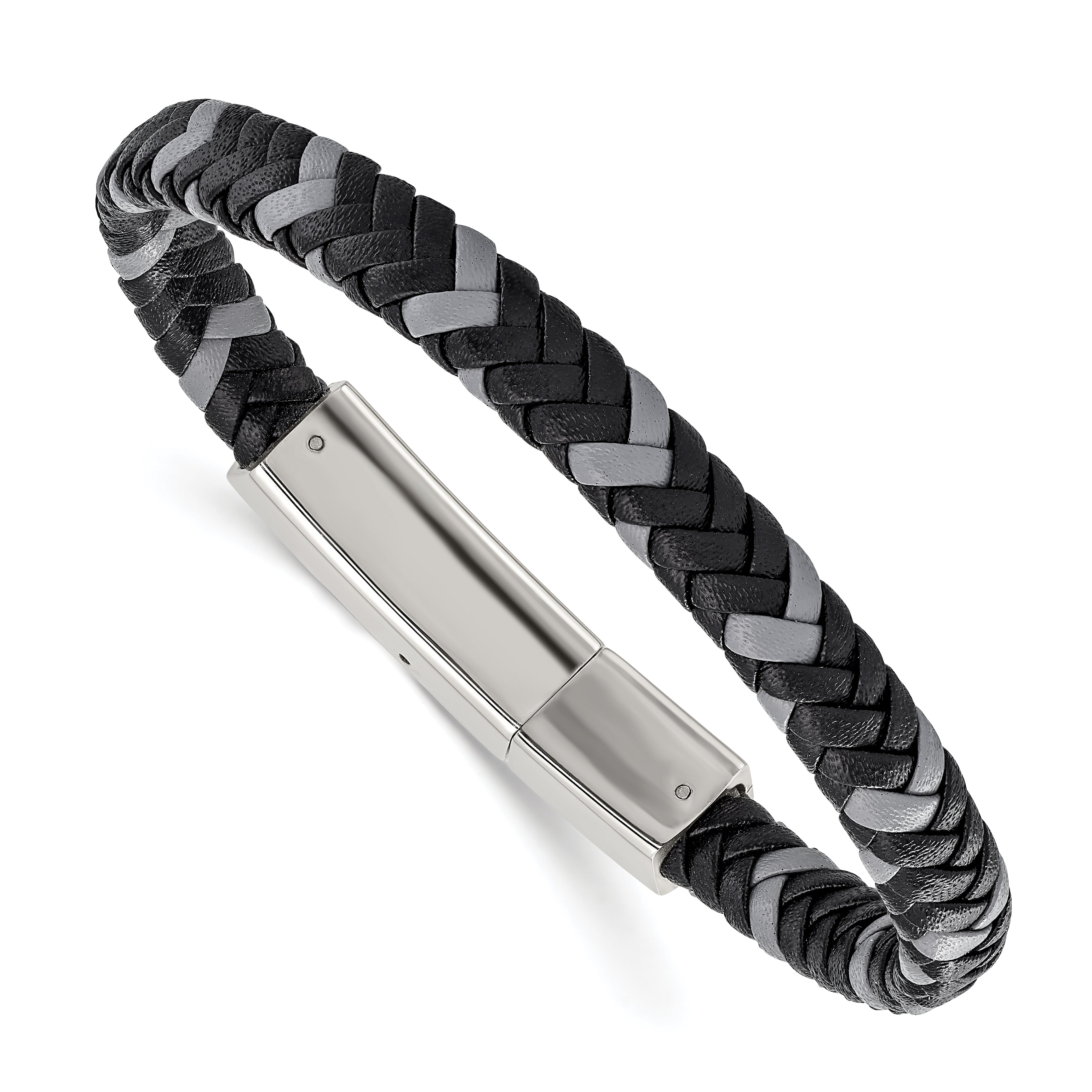 Chisel Stainless Steel Polished Black and Grey Braided Leather 8 inch Bracelet