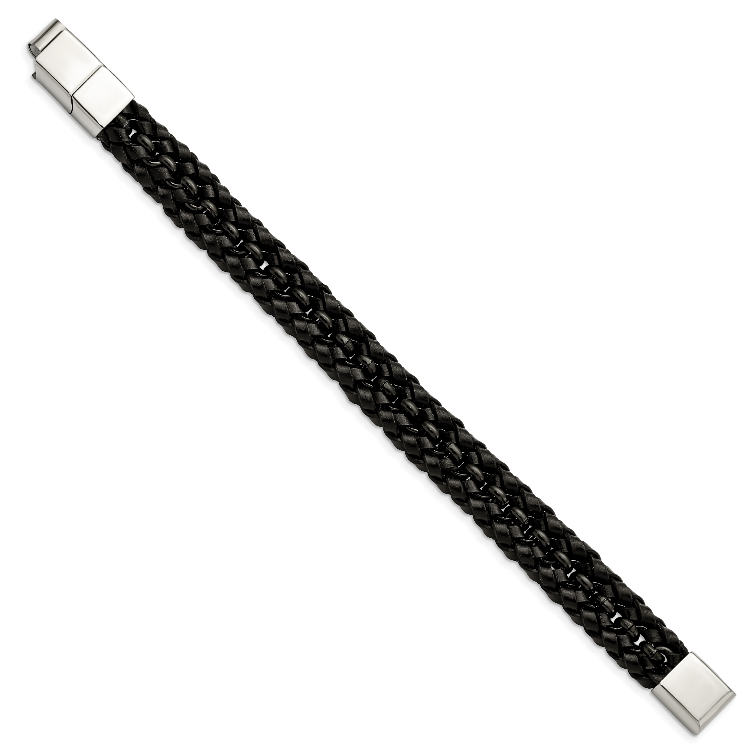 Chisel Stainless Steel Polished Black IP-plated Black Braided Leather 8 inch Bracelet with .5 inch Extension Secondary image