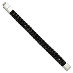 Chisel Stainless Steel Polished Black IP-plated Black Braided Leather 8 inch Bracelet with .5 inch Extension
