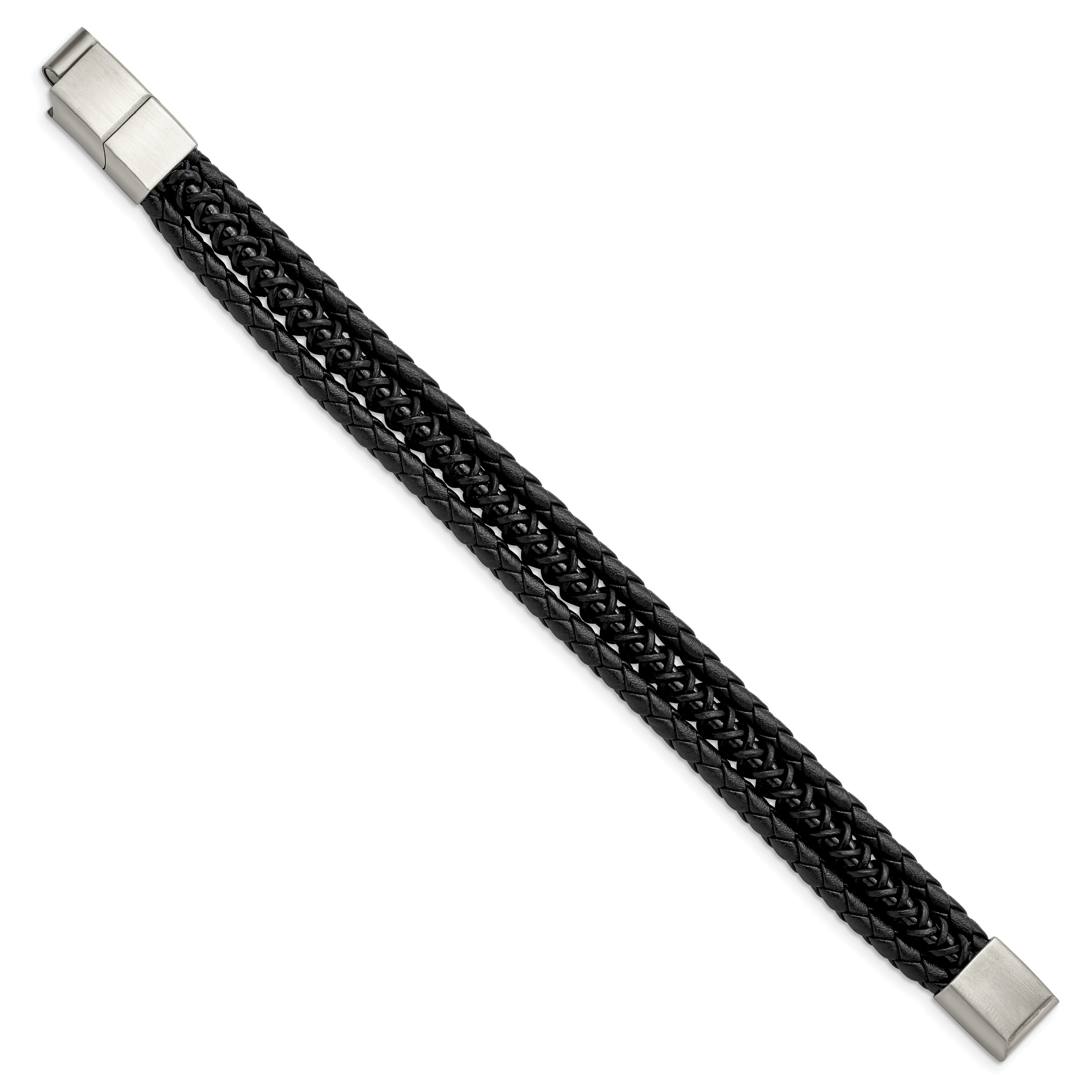 Chisel Stainless Steel Brushed and Polished Black IP-plated Multi Strand Black Leather 8 inch Bracelet with .5 inch Extension Secondary image
