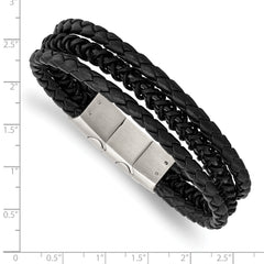 Chisel Stainless Steel Brushed and Polished Black IP-plated Multi Strand Black Leather 8 inch Bracelet with .5 inch Extension