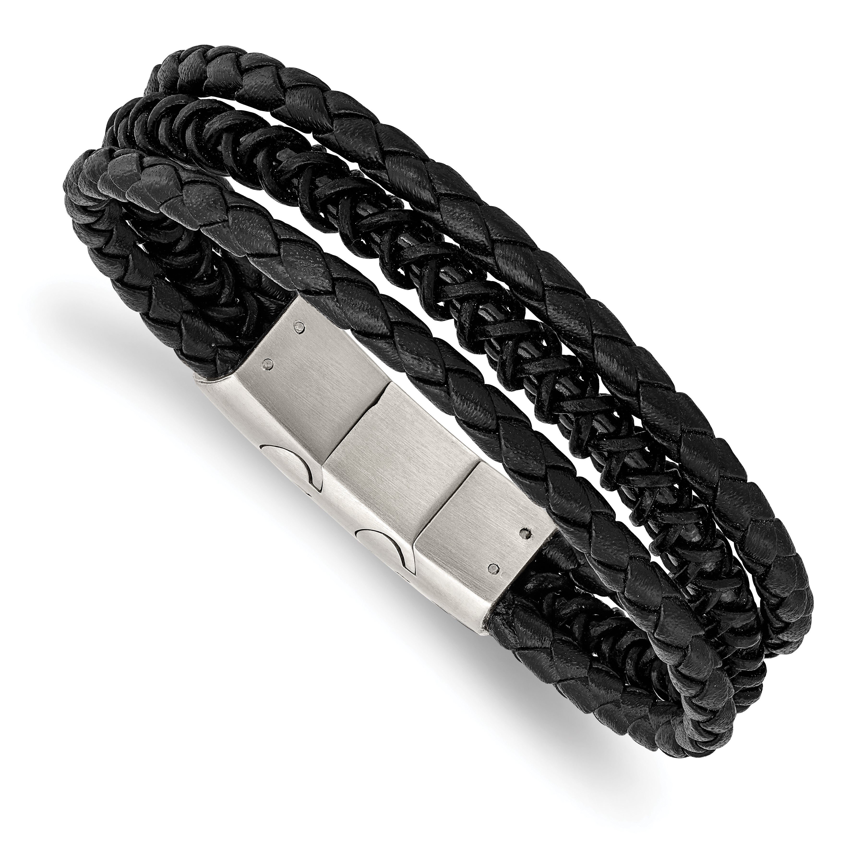 Chisel Stainless Steel Brushed and Polished Black IP-plated Multi Strand Black Leather 8 inch Bracelet with .5 inch Extension Main image