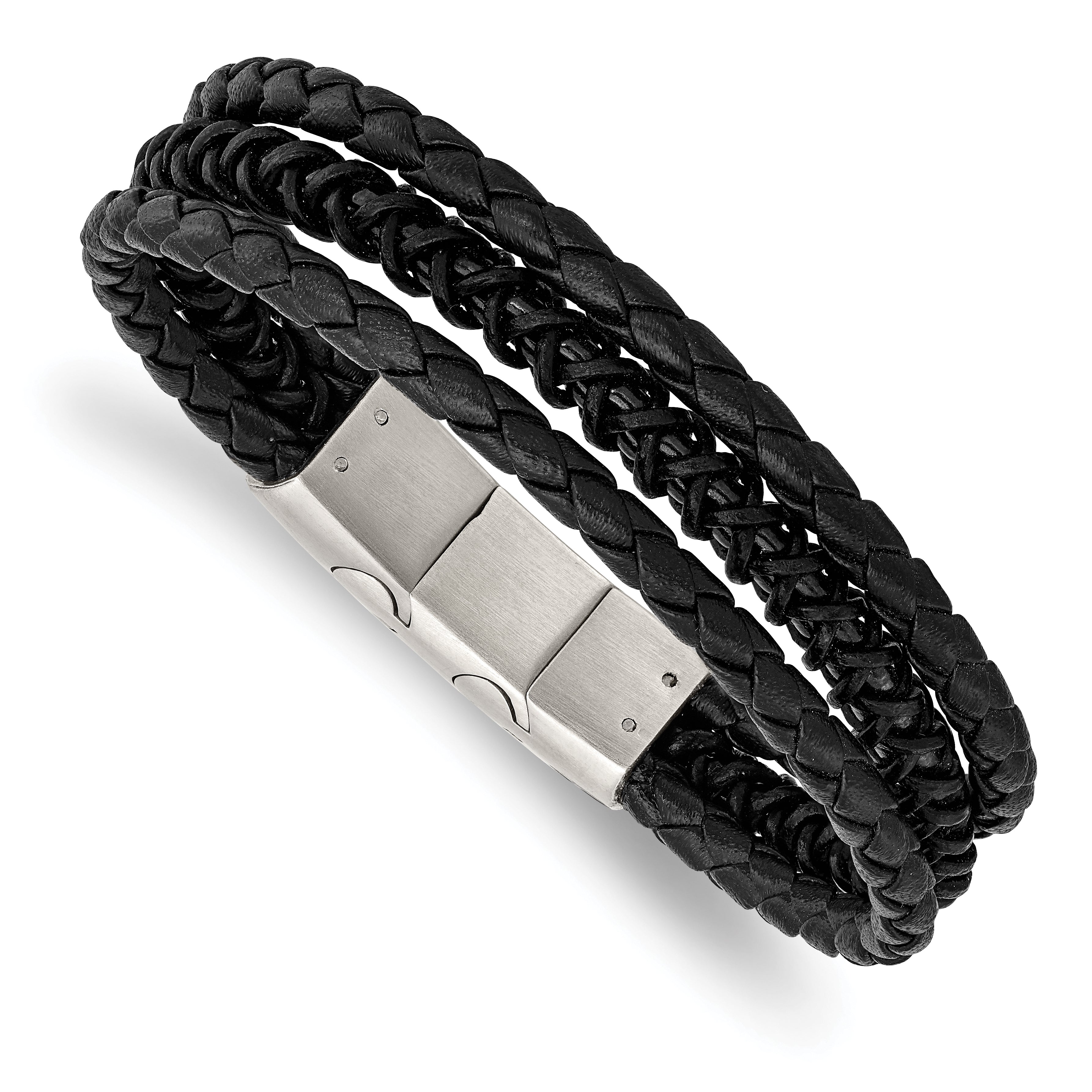 Chisel Stainless Steel Brushed and Polished Black IP-plated Multi Strand Black Leather 8 inch Bracelet with .5 inch Extension