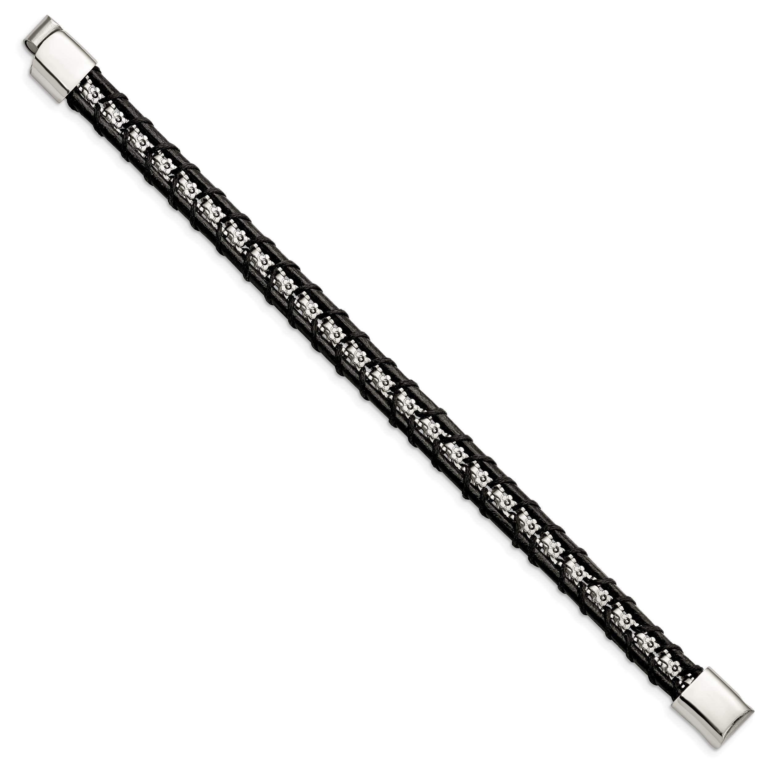 Flower Link Bracelet in Stainless Steel with Black Leather Secondary image