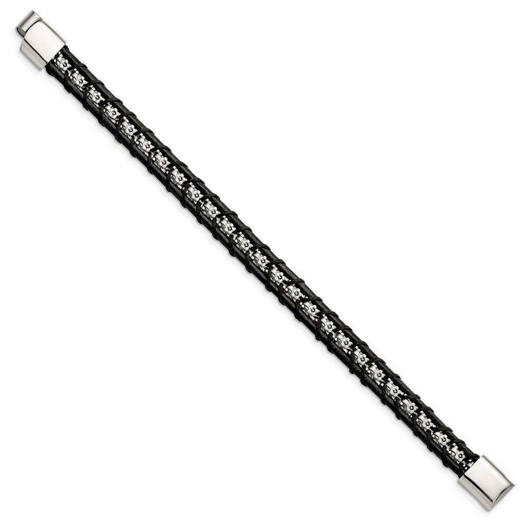 Flower Link Bracelet in Stainless Steel with Black Leather