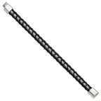 Flower Link Bracelet in Stainless Steel with Black Leather