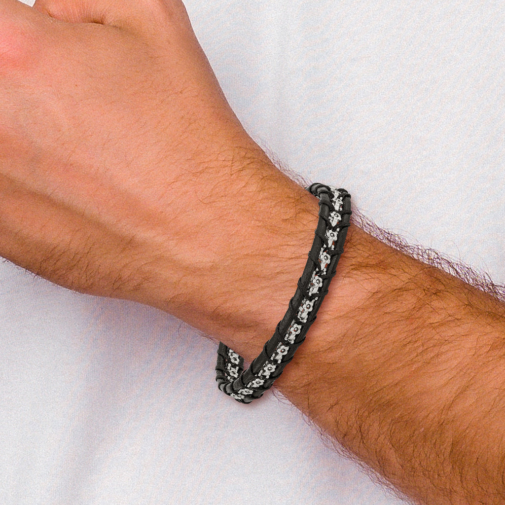 Flower Link Bracelet in Stainless Steel with Black Leather