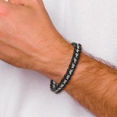 Chisel Stainless Steel Polished Flower Link Black Leather 8.25 inch Bracelet