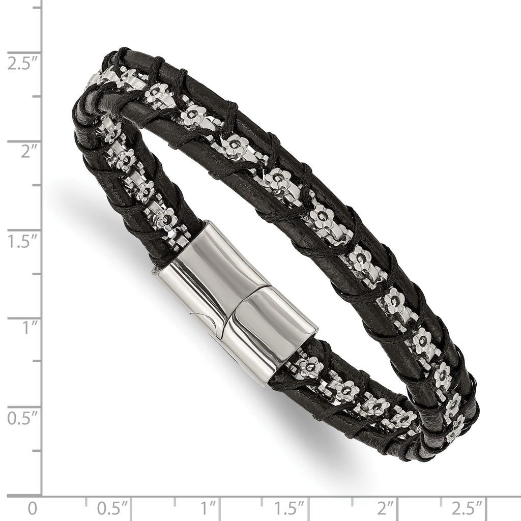 Flower Link Bracelet in Stainless Steel with Black Leather
