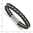 Flower Link Bracelet in Stainless Steel with Black Leather