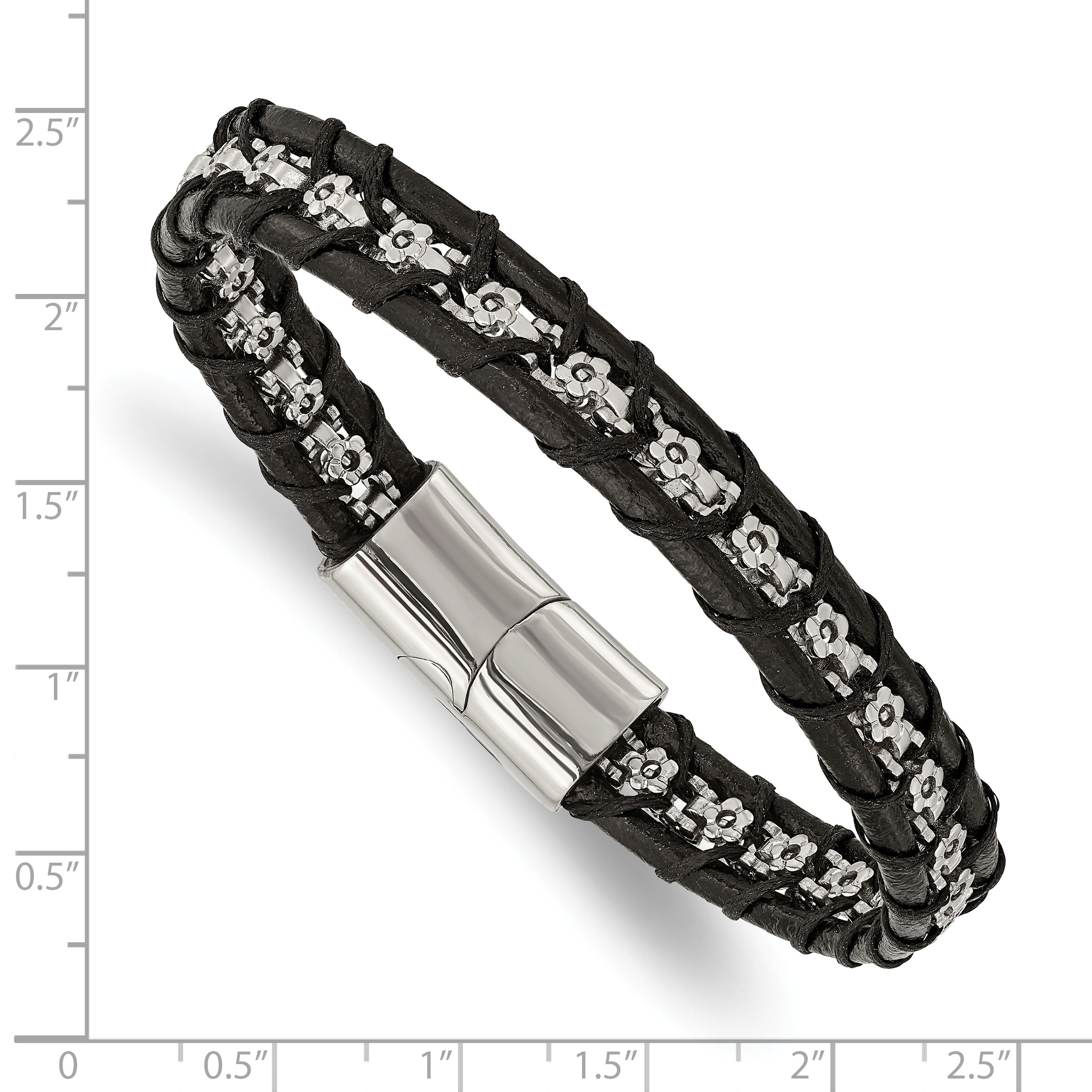 Flower Link Bracelet in Stainless Steel with Black Leather