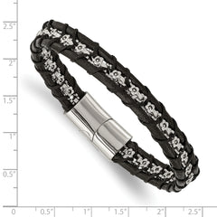 Chisel Stainless Steel Polished Flower Link Black Leather 8.25 inch Bracelet