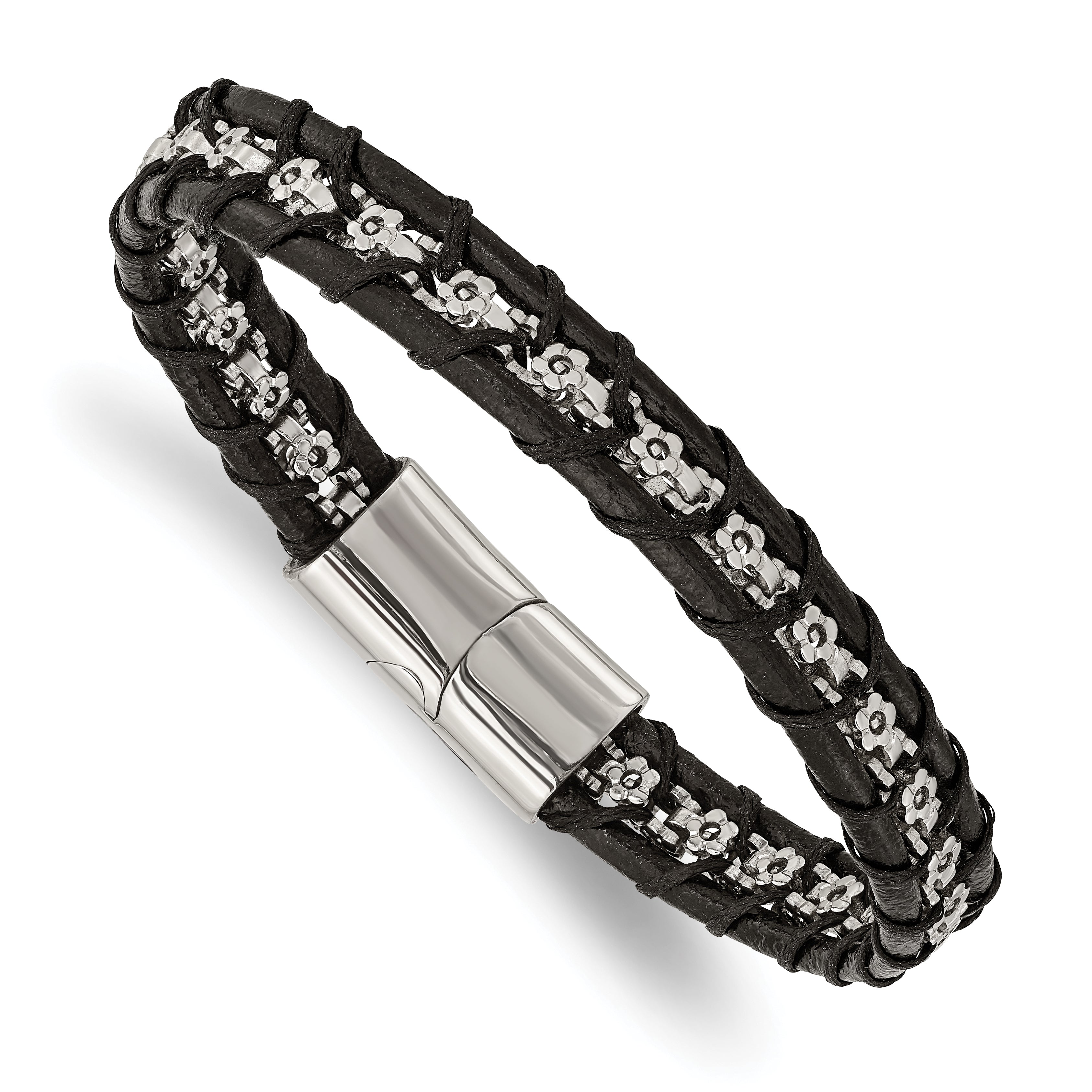 Chisel Stainless Steel Polished Flower Link Black Leather 8.25 inch Bracelet
