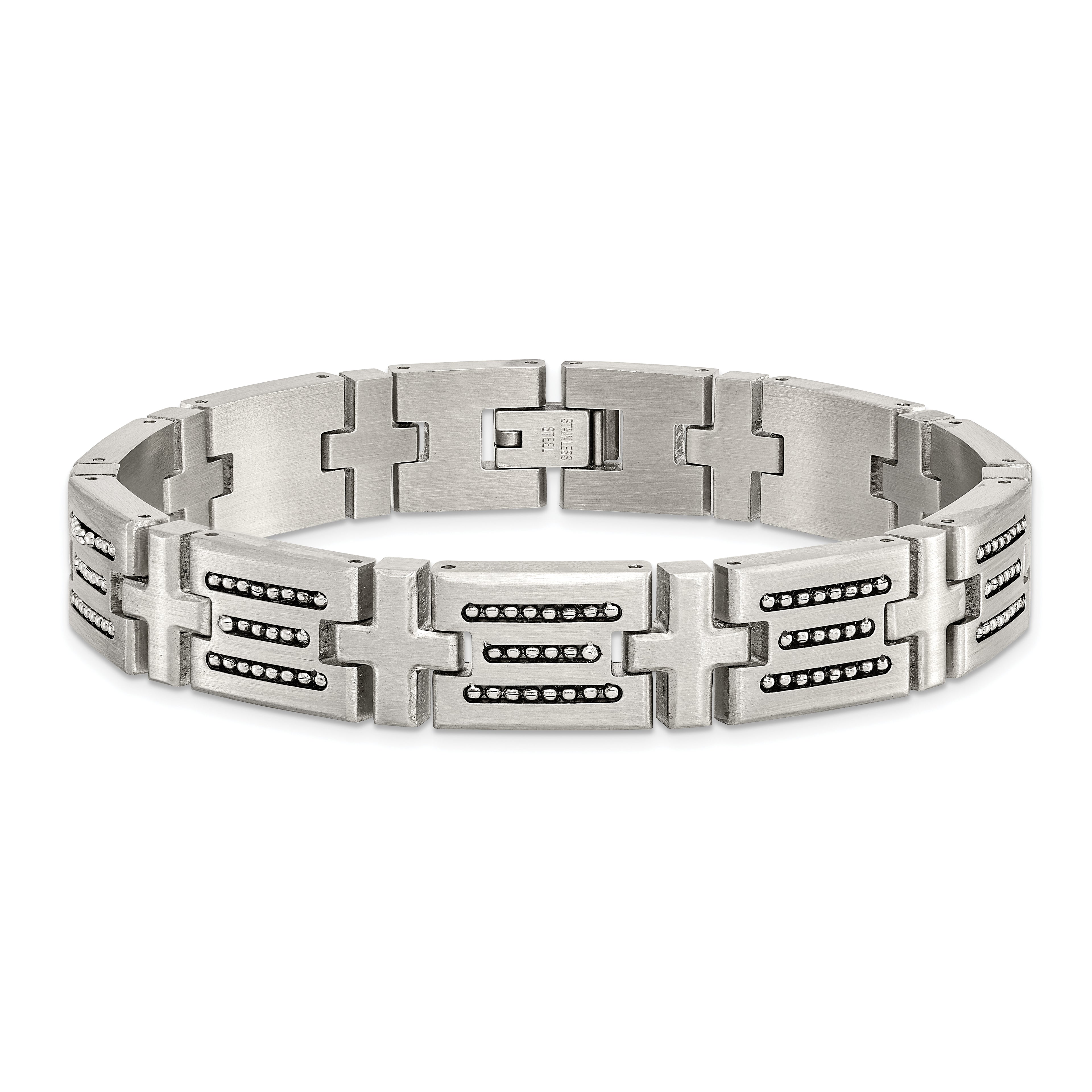 Brushed Link Bracelet in Stainless Steel with Polished Bead Inlay
