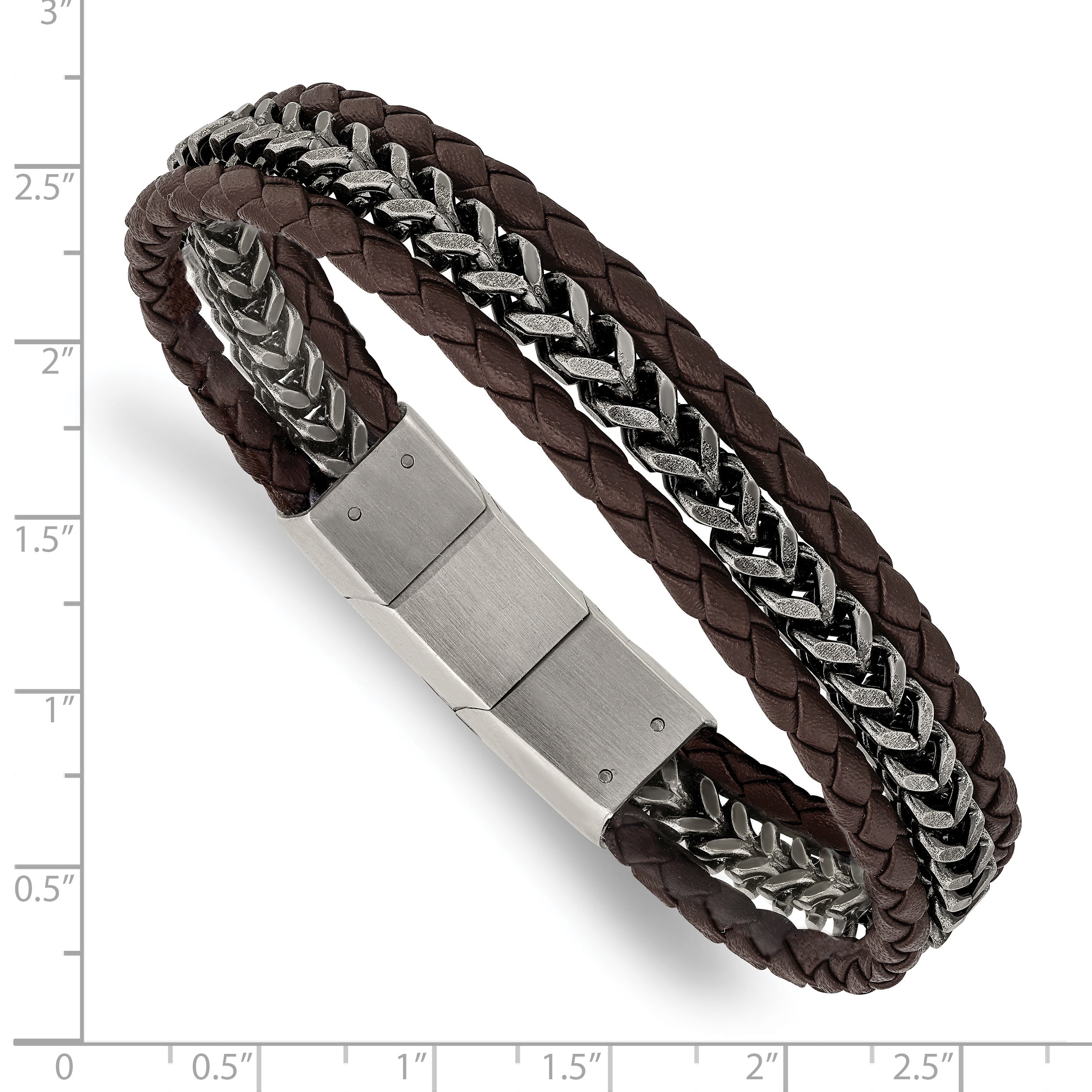 Chisel Stainless Steel Antiqued and Brushed Multi Strand Chain and Brown Leather 8.25 inch Bracelet with .5 inch Extension