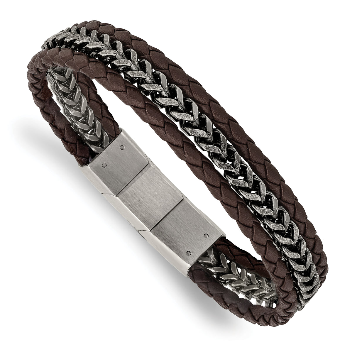 Chisel Stainless Steel Antiqued and Brushed Multi Strand Chain and Brown Leather 8.25 inch Bracelet with .5 inch Extension